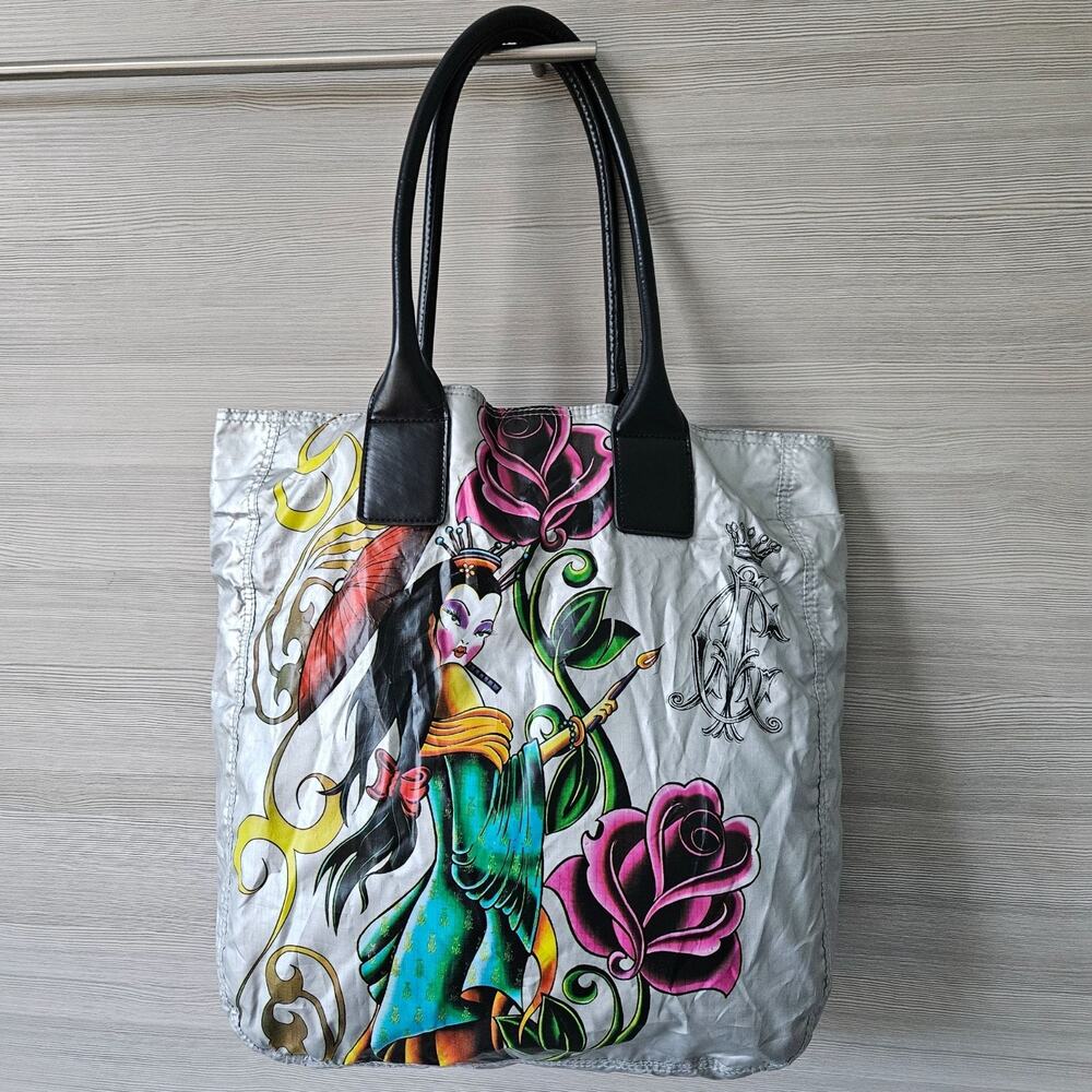 Christian Audigier Y2K Silver Tote Bag Rose Queen Geisha Ed Hardy Graphic Print‎ - Picture 2 of 16